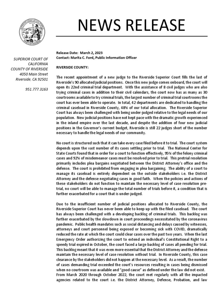 Riverside County Superior Court Statement On Case Dismissals | PDF |  Courtroom | Trials