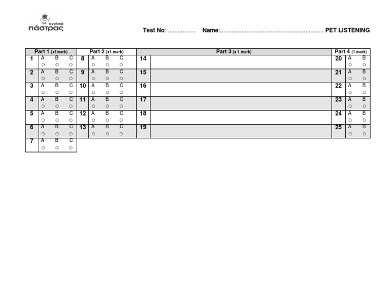 Pet Listening Answer Sheet | PDF