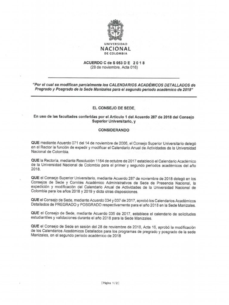 Calendario UNAL 2019 PDF