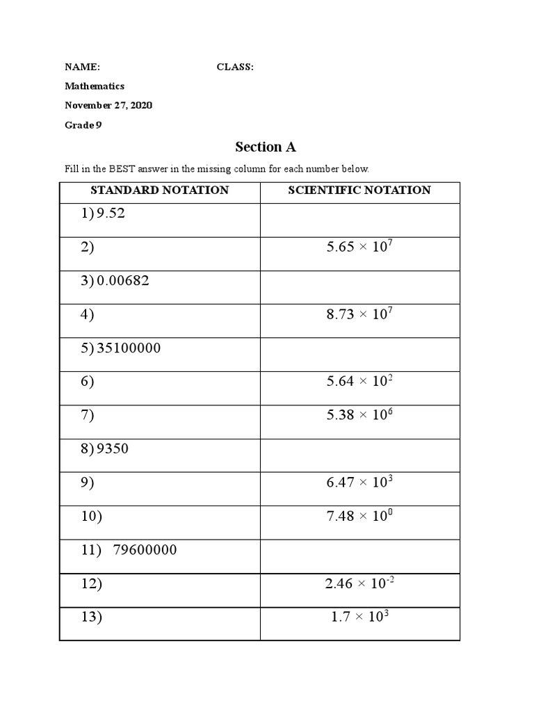 Section A: Standard Notation Scientific Notation | PDF