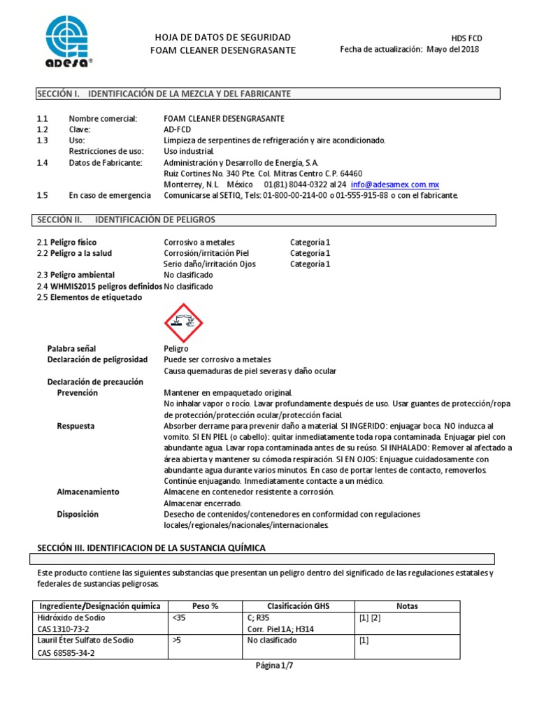 Foam Cleaner Desengrasante Hoja de Datos de Seguridad PDF Agua Quemar