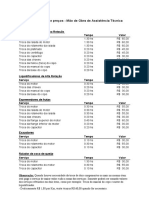 Tabela de Preços - Mão de Obra de Assistência Técnica