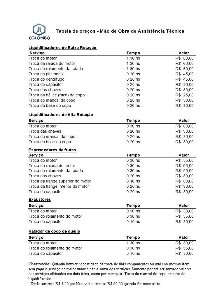 Tabela de Preços - Mão de Obra de Assistência Técnica | PDF | Bens ...