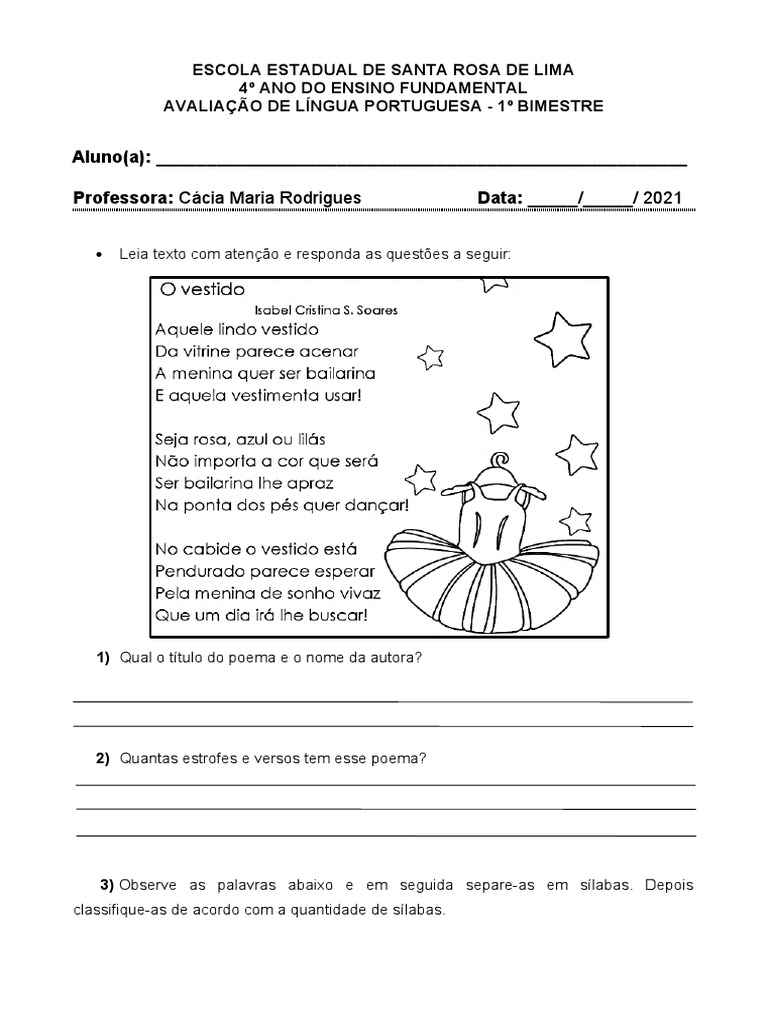 Avaliação de Língua Portuguesa - 1º Bimestre - 4º Ano | PDF