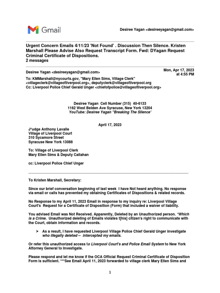 Liverpool Village Court Email Concerns | PDF | Justice | Crime & Violence