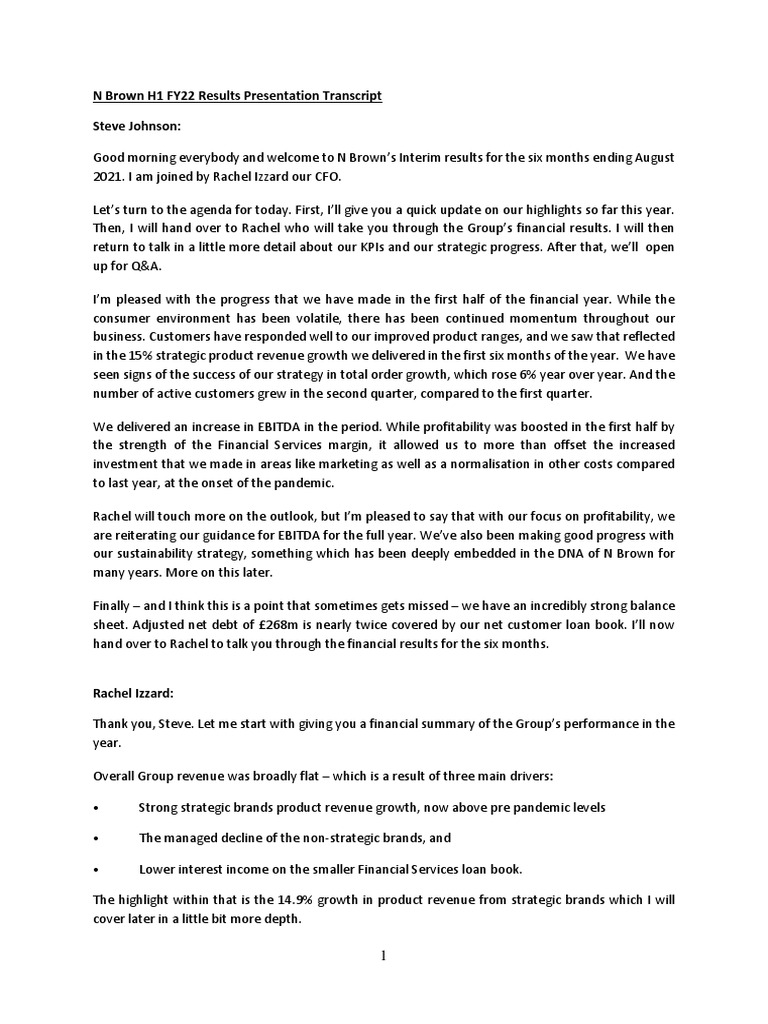 N Brown Transcript First Half Fy22 PDF Brand Debt