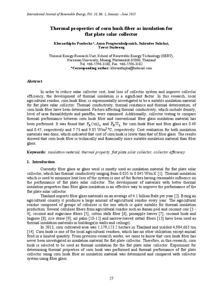 Thermal Properties of Corn Husk Fiber As Insulation For Flat Plate