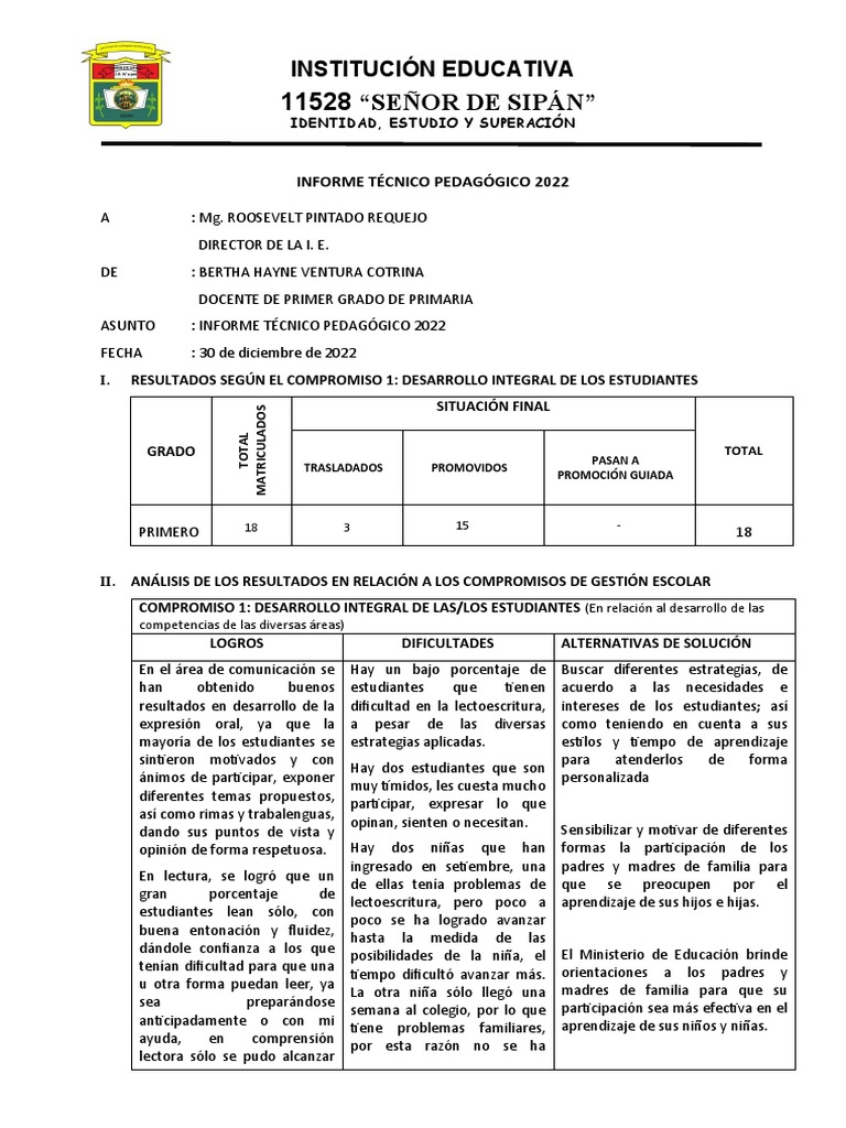 Informe Técnico Pedagógico 2022 Primer Grado | PDF | Aprendizaje | Maestros