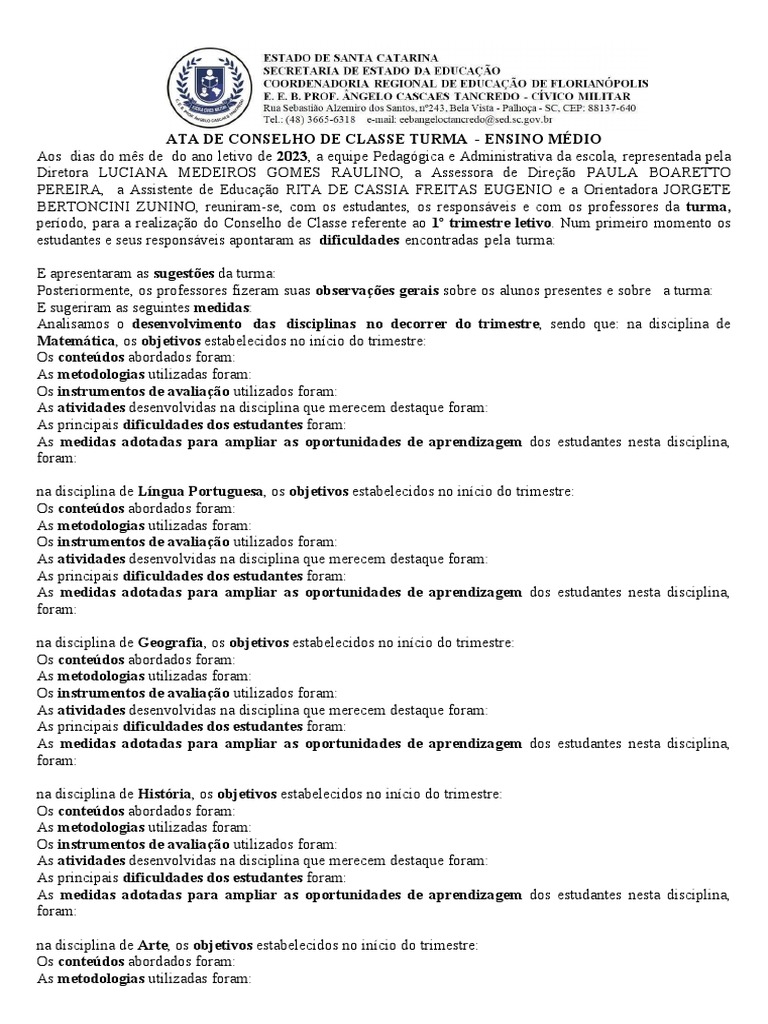 Ata de Conselho de Classe Ensino Médio | PDF | Pedagogia | Aprendizado
