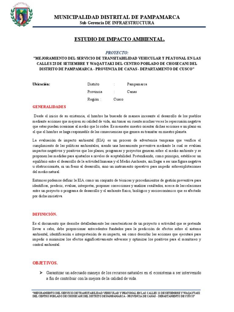 EIA para Mejoras Viales en Pampamarca | PDF | Evaluación de impacto ...