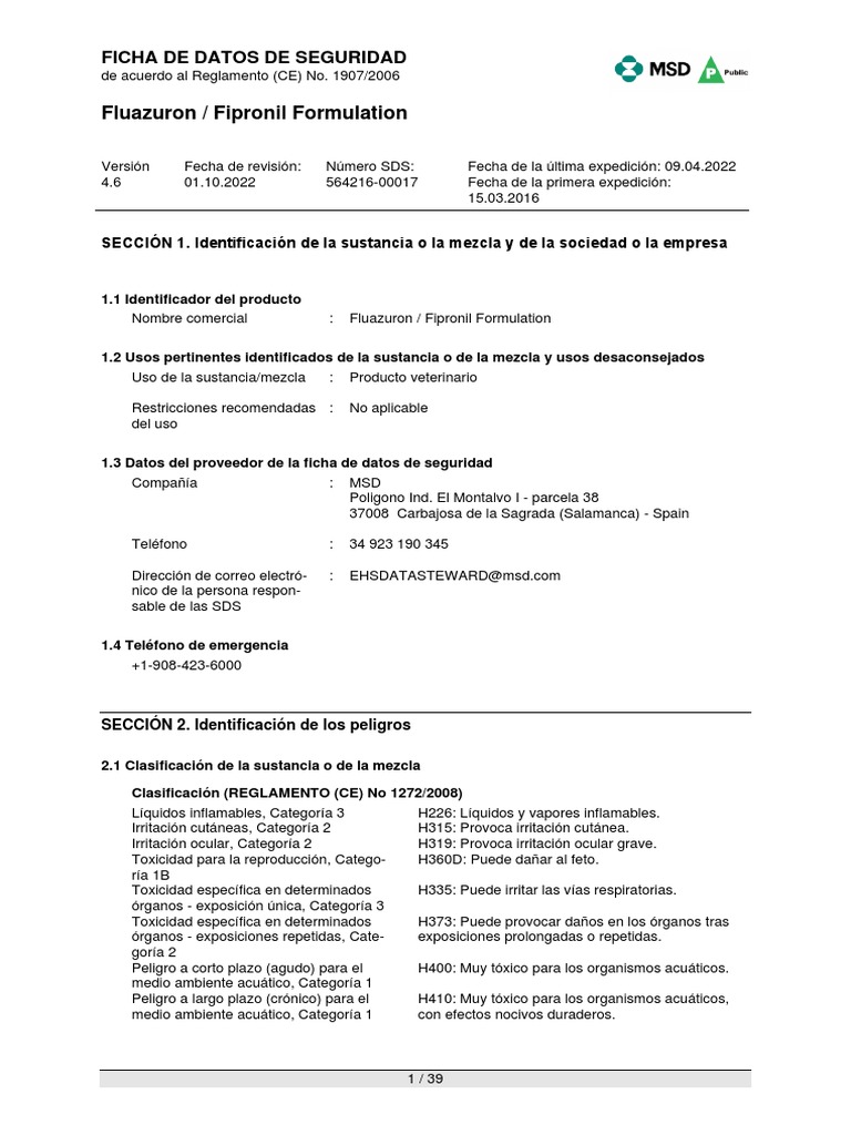Fluazuron / Fipronil Formulation: Ficha de Datos de Seguridad | PDF ...