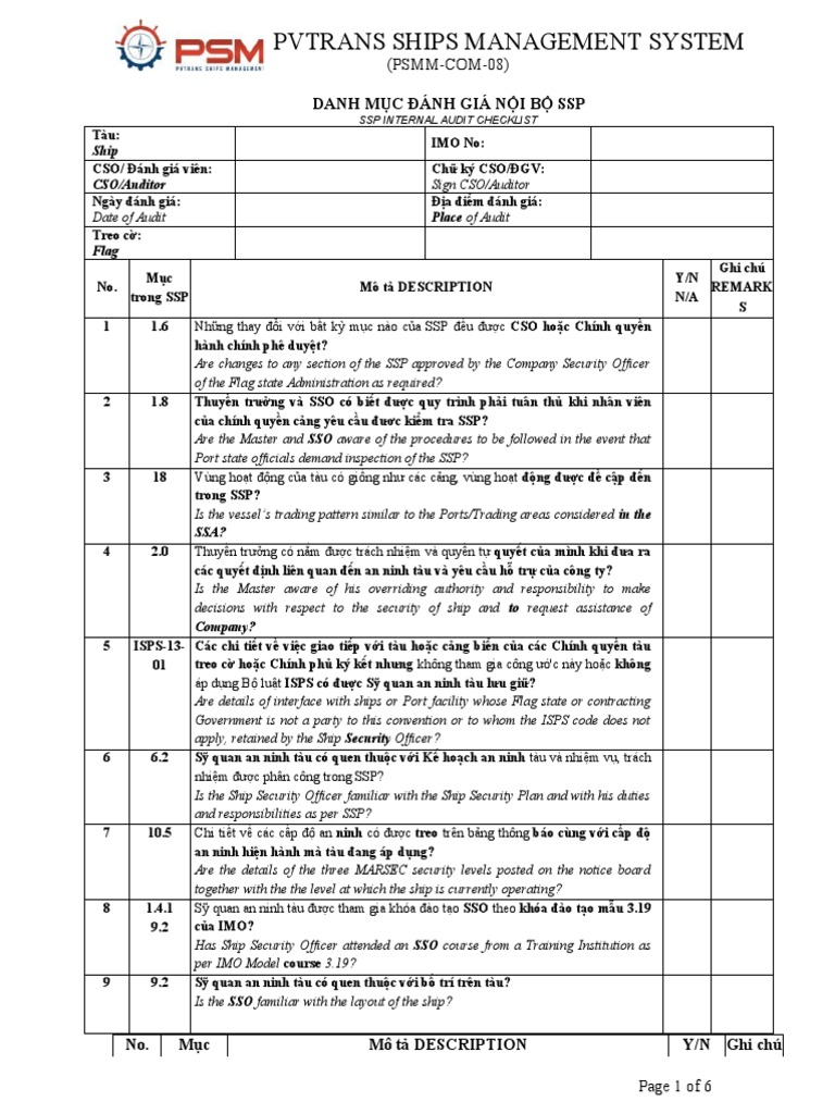 PSMM-COM-08 - ISPS Internal Audit Checklist | PDF