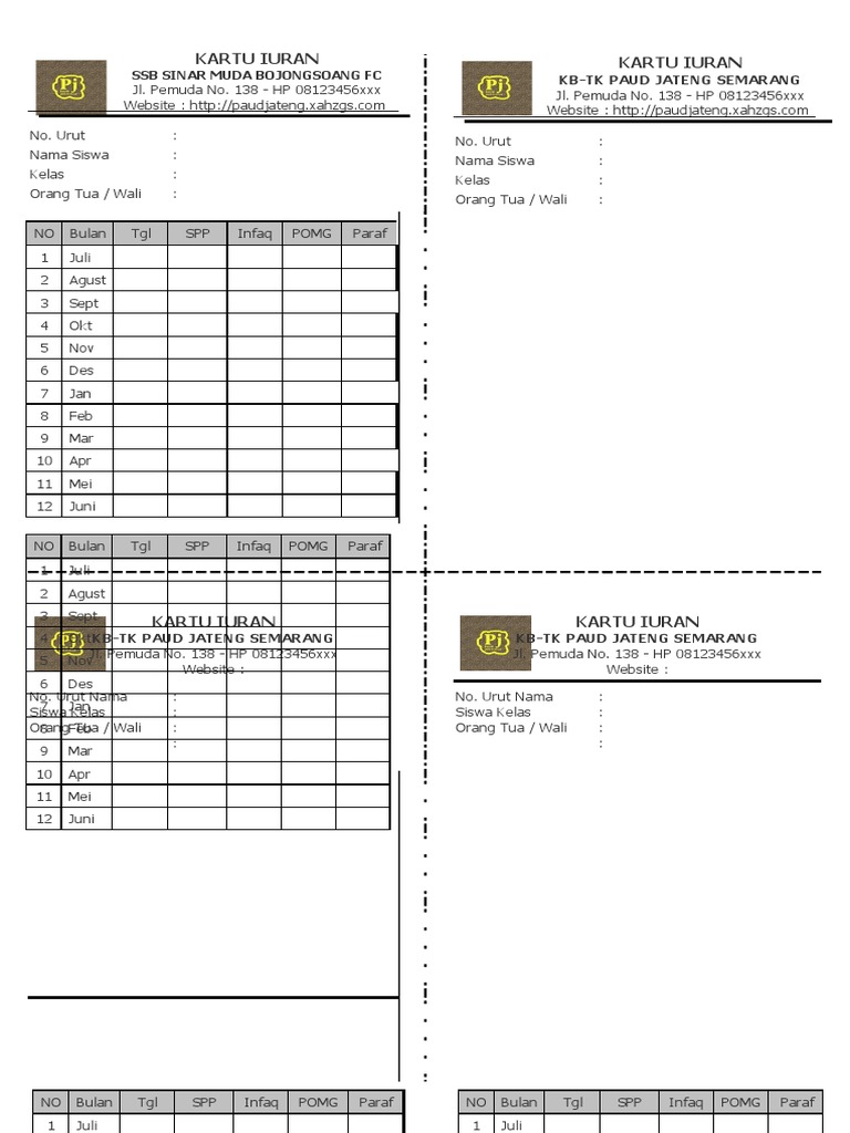 B.8 Contoh Kartu SPP Paud TK KB Tpa | PDF