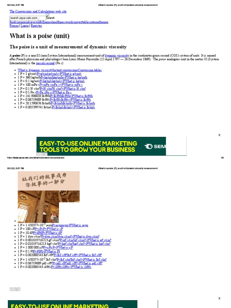 What Is A Poise (P), A Unit of Dynamic Viscosity Measurement PDF