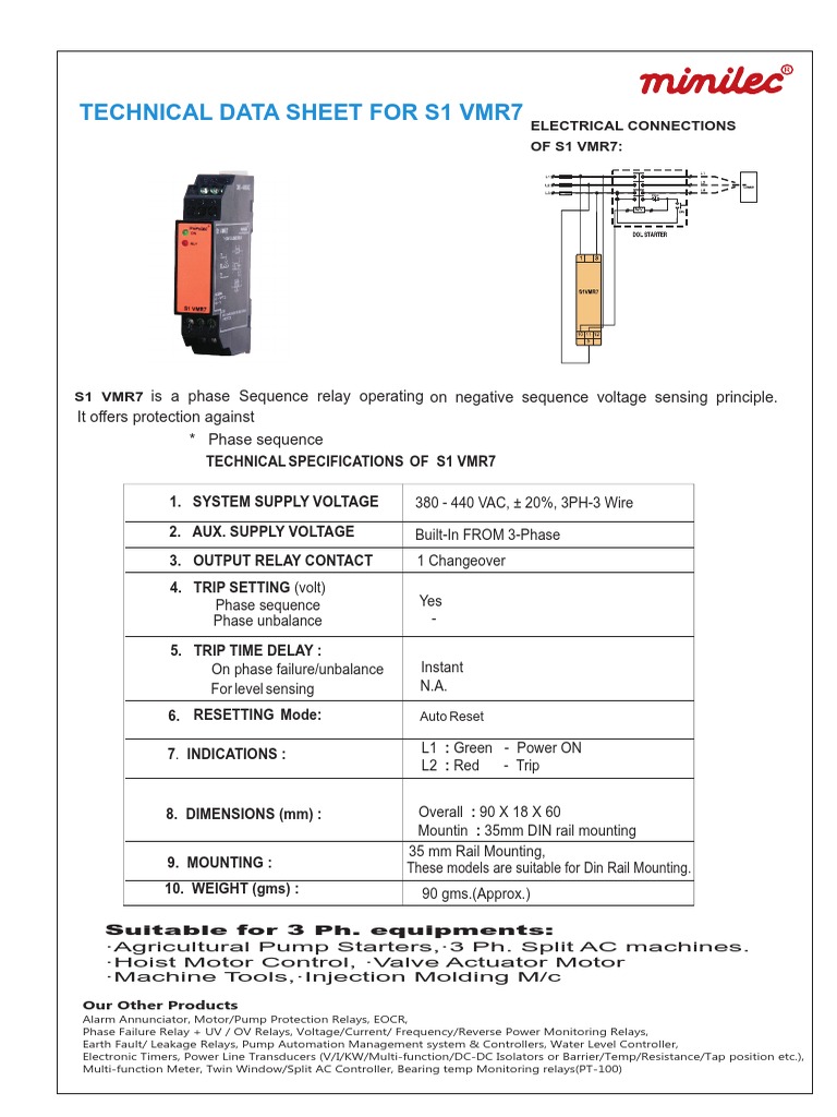 Technical Data Sheet for the S1 VMR7 Phase Sequence Relay Electrical