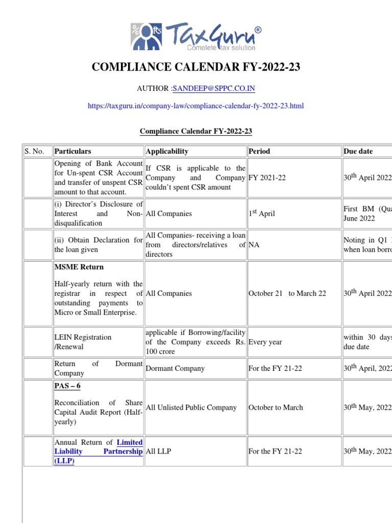 Compliance Calendar FY202223 Taxguru in PDF Audit Fiscal Year