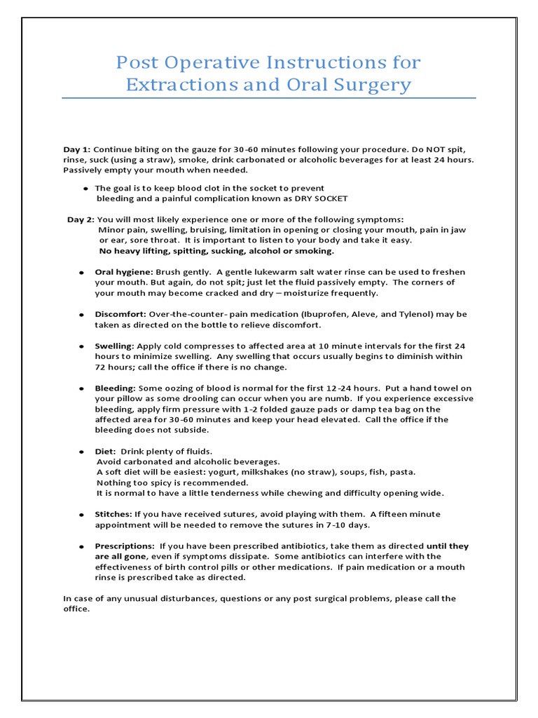 Post Operative Instructions For Extractions and Oral Surgery PDF