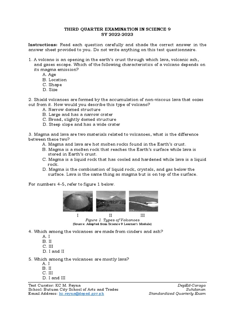 Science9 q3 tq pdf lava types of volcanic eruptions