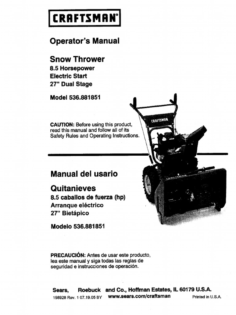 Craftsman 8-5 Hp Snow Blower Manual | Belt (Mechanical) | Gasoline