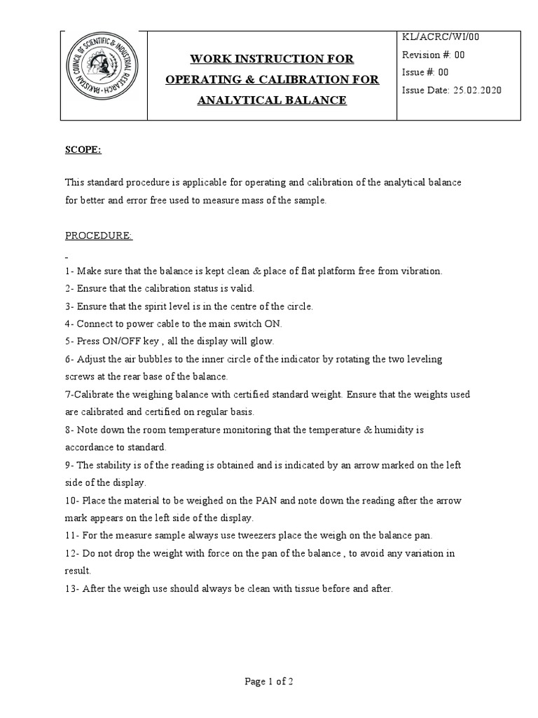 Work Instruction Analytical Balance PDF Weighing Scale Calibration