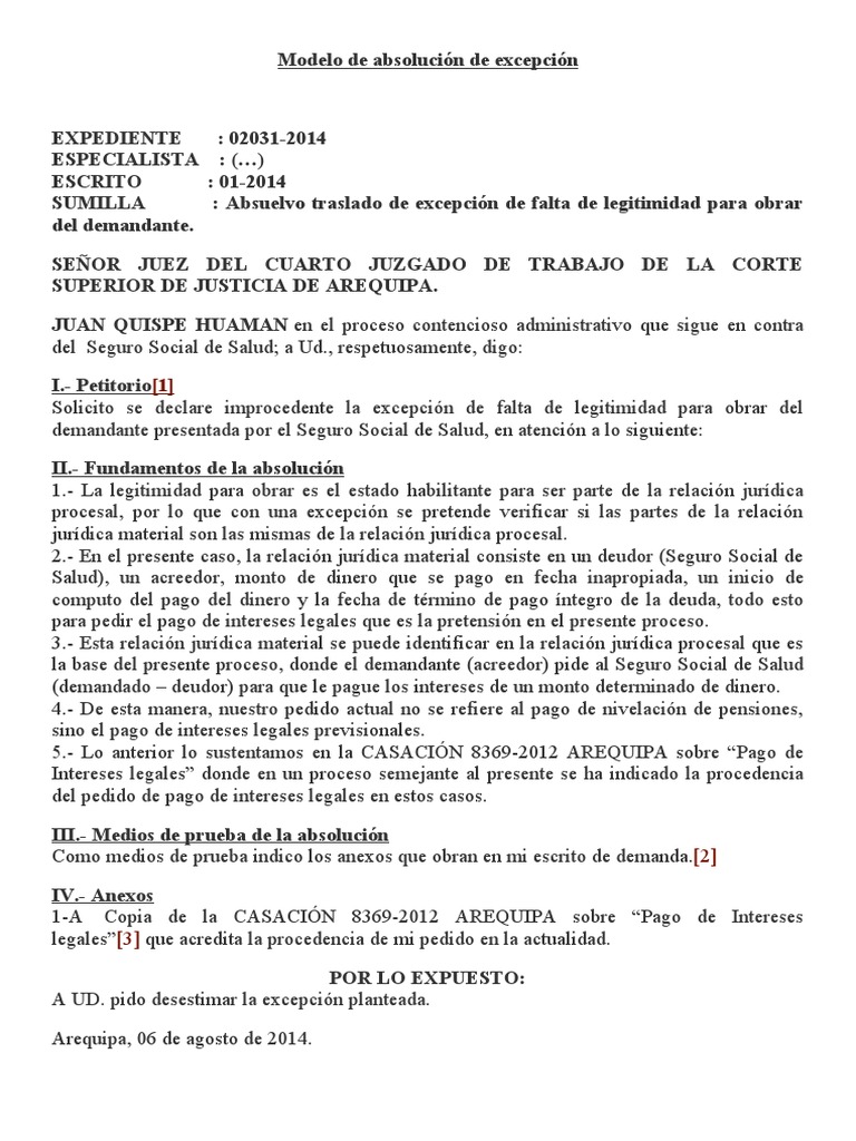 Modelo de Absolución de Excepción Legal | PDF | Ley procesal | Judicaturas