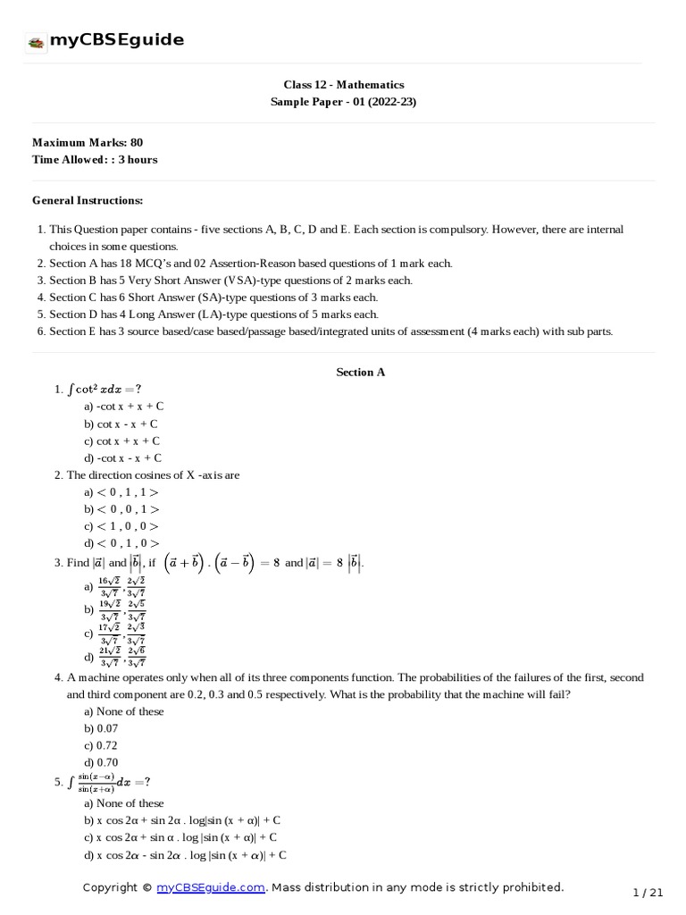 Mycbseguide: Class 12 - Mathematics Sample Paper - 01 (2022-23) | PDF ...