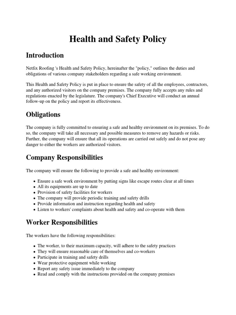 Health Safety Policy Pdf Occupational Safety And Health Safety