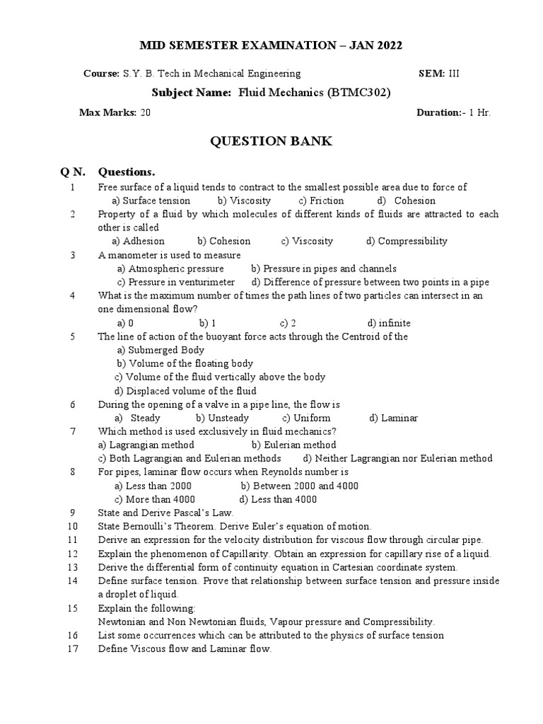 Fluid Mechanics Exam Question Bank | PDF | Fluid Dynamics | Fluid Mechanics