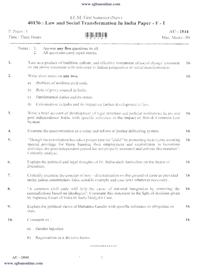 LLM 1 Sem Law and Social Transformation in India Summer 2018 | PDF
