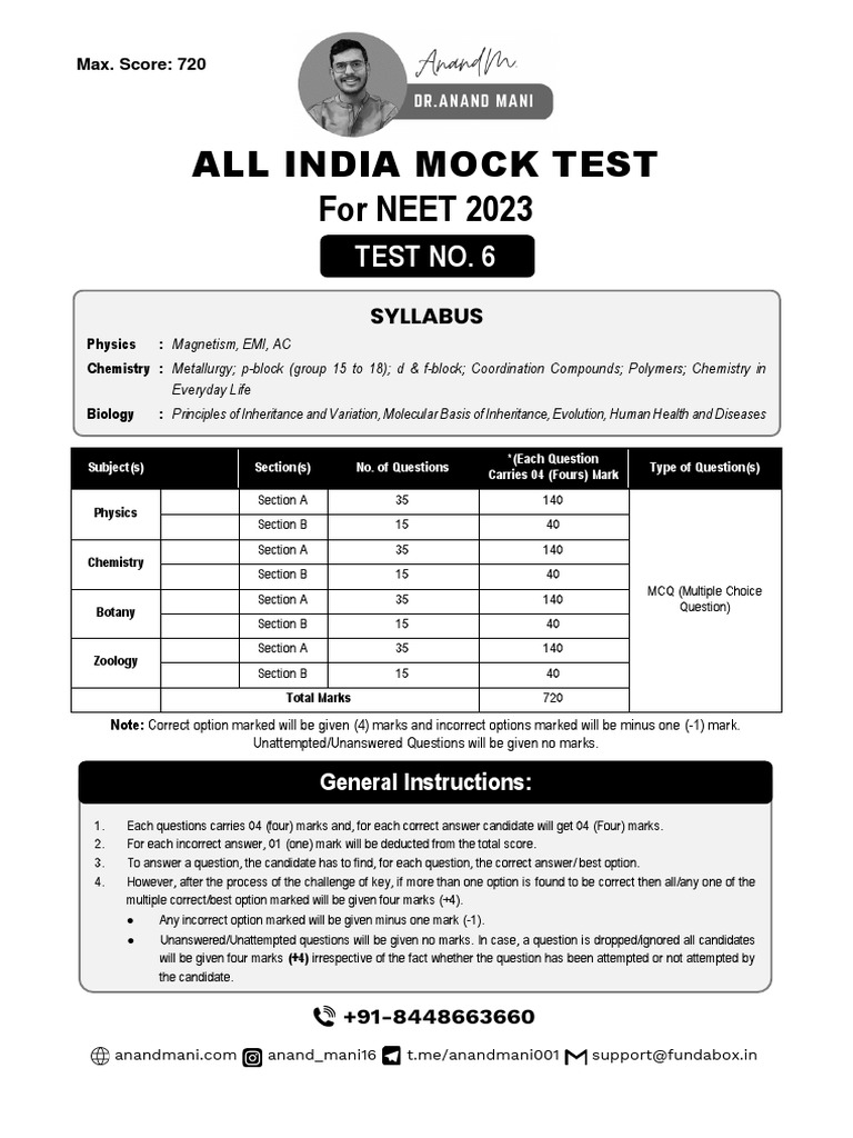 NEET 2023 Mock Test No. 6 | PDF | Magnetic Field | Inductor