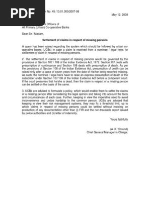 Settlement of claims in respect of missing persons