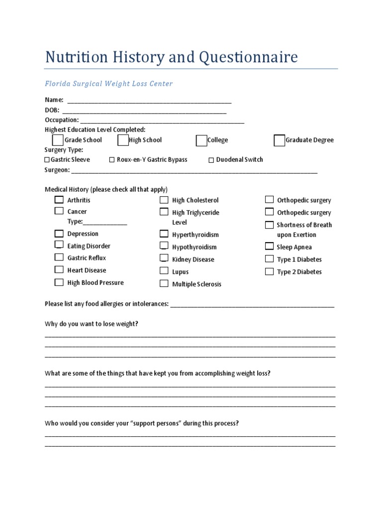 Nutrition History and Questionnaire Florida Surgical Weight Loss