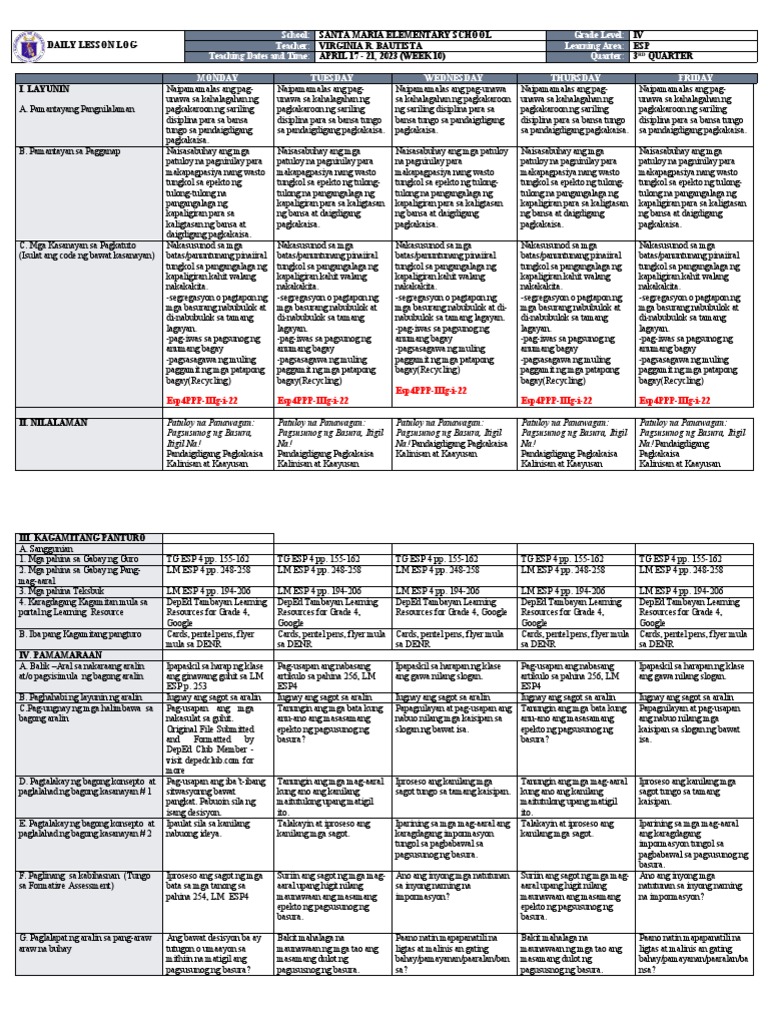 School: Grade Level: Teacher: Learning Area: Teaching Dates and Time ...