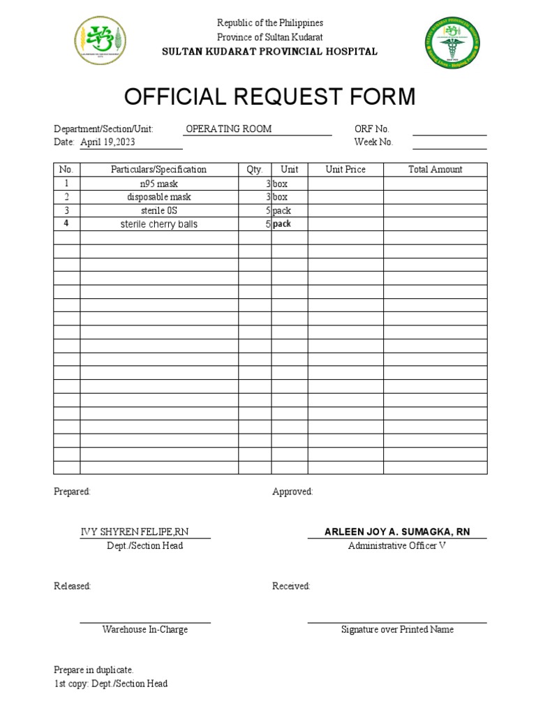 Sultan Kudarat Hospital Request Form | PDF