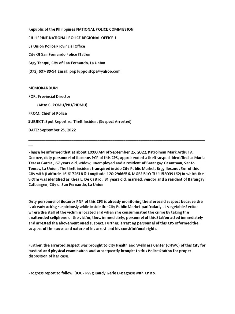 Three Progress Reports on a Theft Case in San Fernando City, La Union