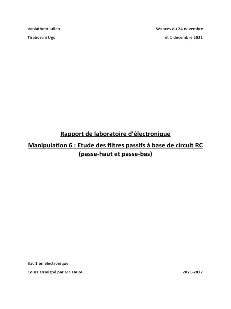 Étude des filtres RC passehaut et passebas PDF Filtre — free download
