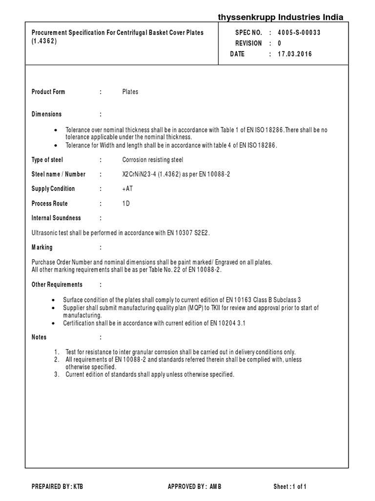 Procurement Specification For Centrifugal Basket Cover Plates (1.4362 ...