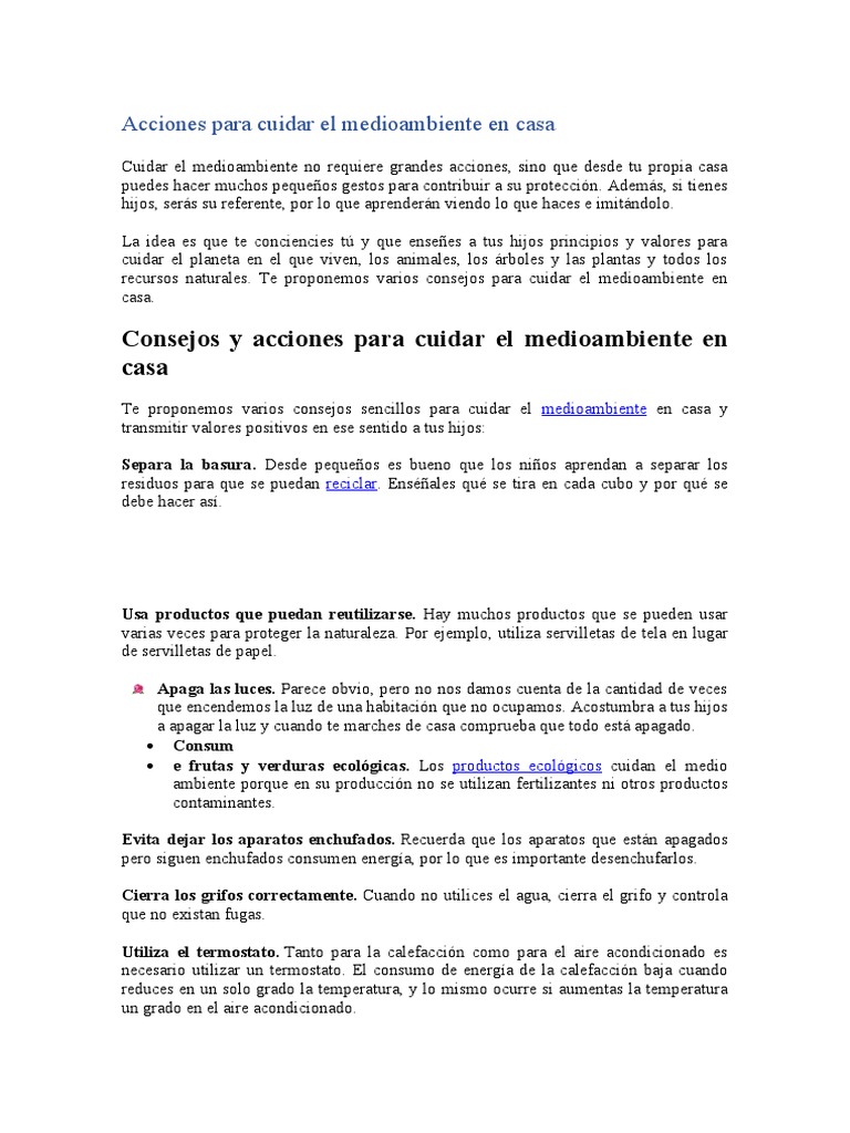 Acciones para cuidar el medio ambiente en casa | PDF | Residuos ...