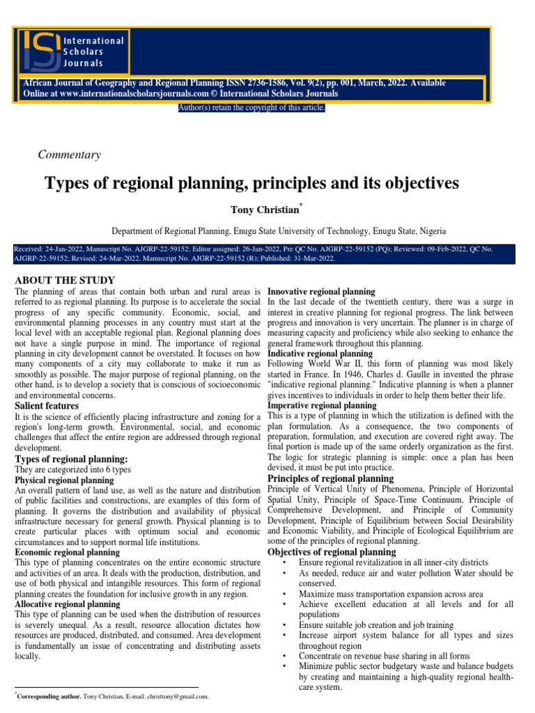 Types of Regional Planning Principles and Its Objectives PDF