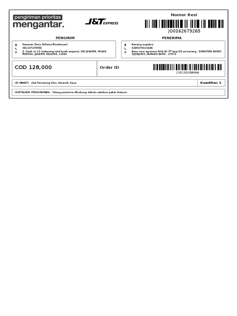 Contoh Resi Pengiriman Paket COD | PDF
