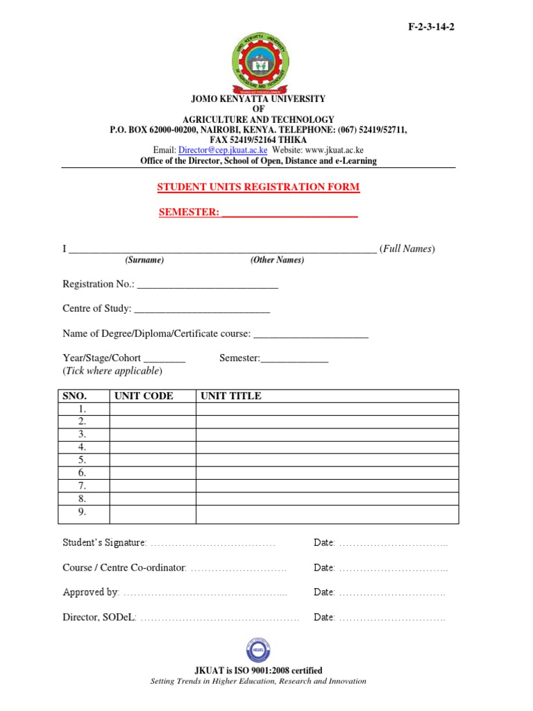 JKUAT Student Units Registration Form | PDF