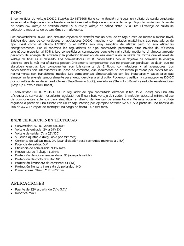 Convertidor Voltaje DC-DC Step-Up 2A MT3608 | PDF