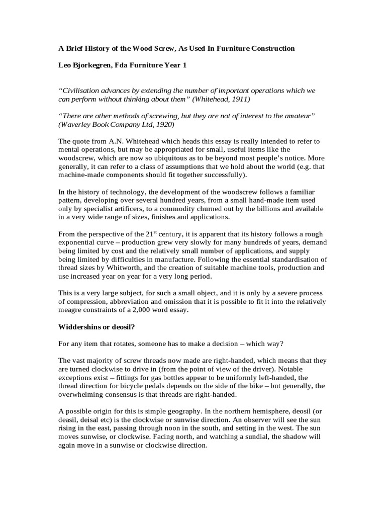 Essay History of The Wood Screw PDF Screw Secondary Sector Of The Economy