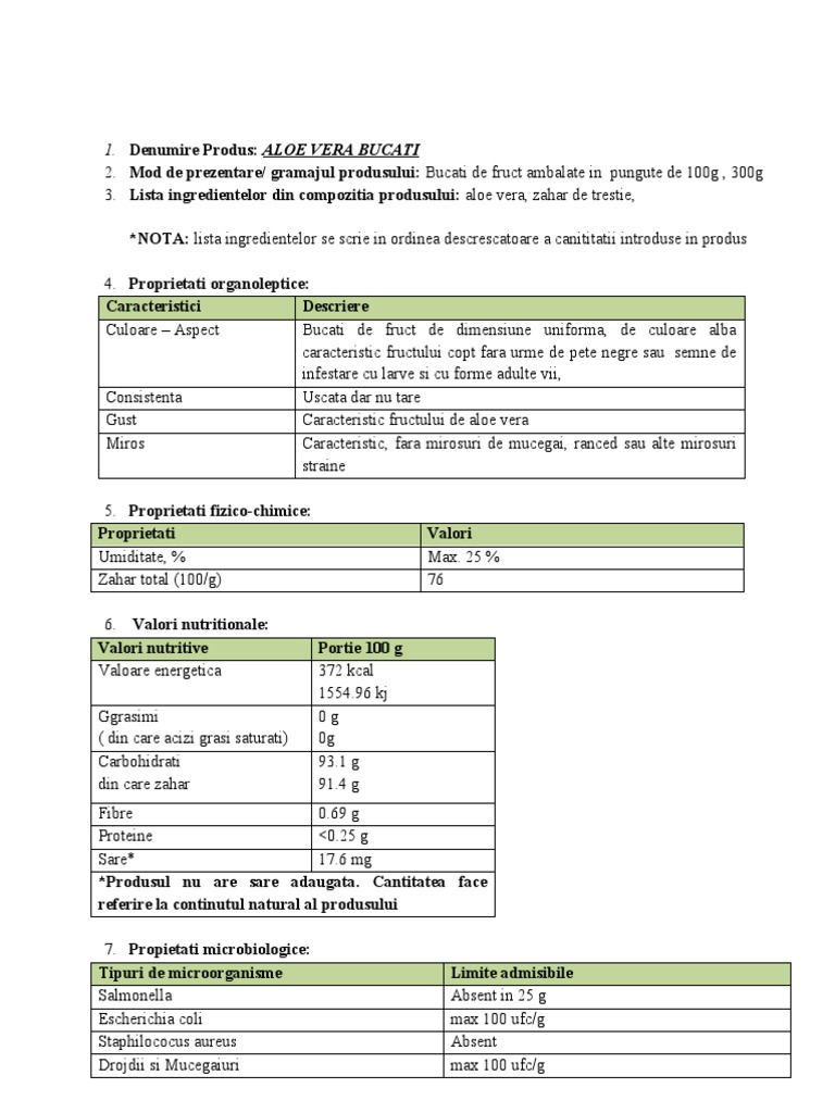 Specificatie Tehnica ALOE VERA | PDF