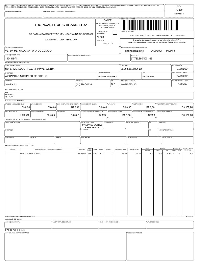 Tropical Fruit'S Brasil Ltda: Documento Auxiliar de Nota Fiscal ...
