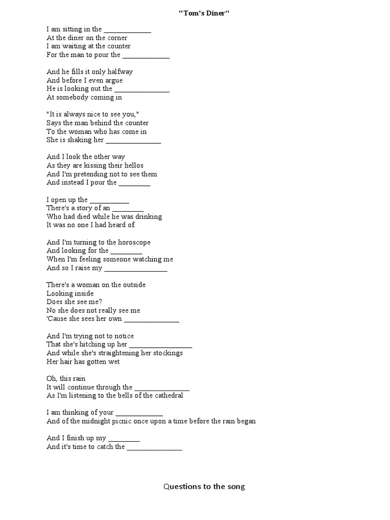Tom's Diner Fill in The Gaps and Questions To The Song PDF