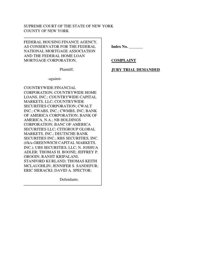 FHFA V Country Wide Financial, Corp. (09-02-11) Final | PDF | Politics