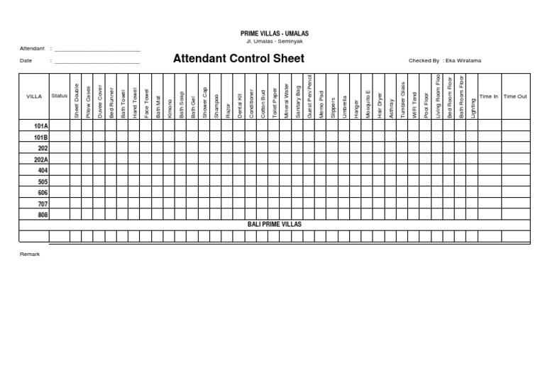 A detailed inventory checklist for housekeeping staff at a luxury villa
