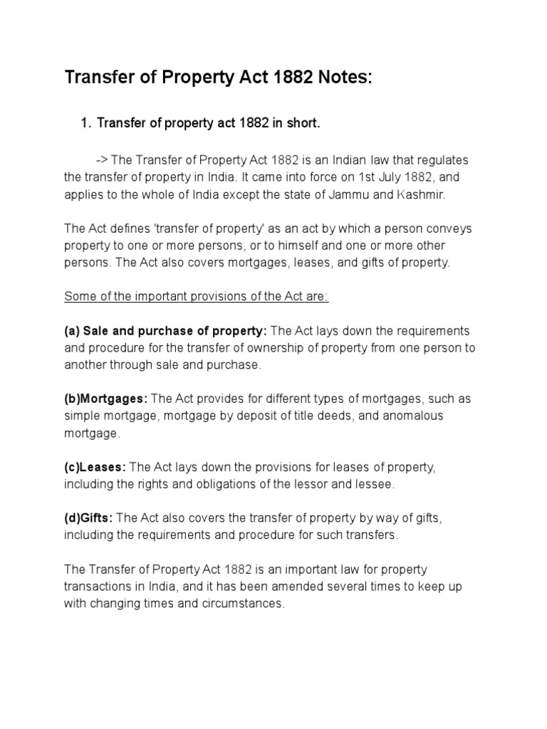 Transfer of Property Act 1882 Overview | PDF | Mortgage Law | Lease