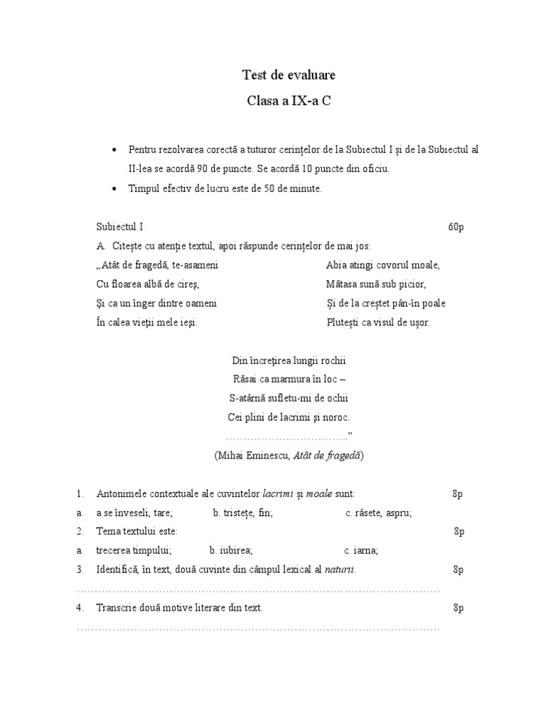 Test Clasa A 9 A Scoala | PDF